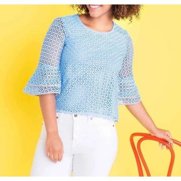 Draper James Size 4 Top Lattice Double Bell Sleeve Blue White Lace Sheer Easter - Picture 3 of 12